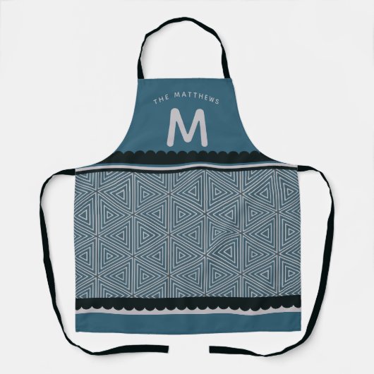Monogrammed Initiaal Blue Geometric Kitchen Schort (Voorkant)
