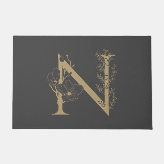 Monogrammed Initiaal Elegant Floral Gold Zwart "N" Deurmat (Voorkant)