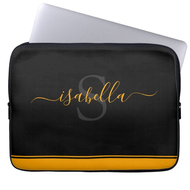 Monogrammed Initiaal Elegant Script Oranje Laptop Sleeve (Voorkant)