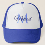 Monogrammed Initiaal Letter Name Sjabloon Unisex Trucker Pet<br><div class="desc">Monogrammed Initiaal Letter Name Sjabloon Unisex Elegant Trendy White en Royal Blue Trucker Hat.</div>