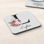 Monogrammed Initiaal M Pink Boho Floral Bier Onderzetter (Linkerzijde)