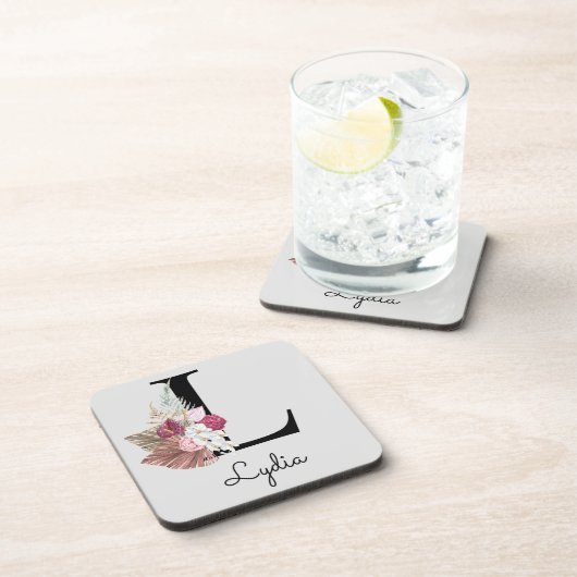 Monogrammed Initiaal M Pink Boho Floral Bier Onderzetter (Rechterzijde)