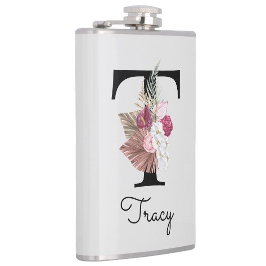 Monogrammed Initiaal T Pink Boho Girly Floral Heupfles (Rechts)