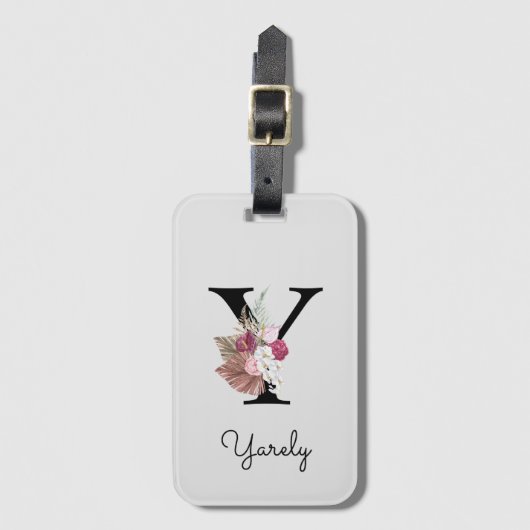 Monogrammed Initiaal Y Pink Boho Floral Bagagelabel (Voorkant (verticaal))