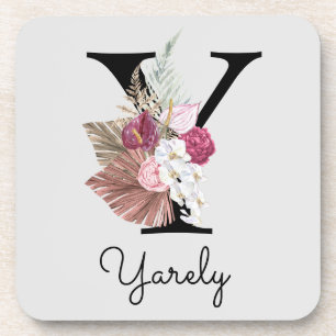 Monogrammed Initiaal Y Pink Boho Floral Bier Onderzetter