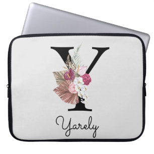 Monogrammed Initiaal Y Pink Boho Floral Laptop Sleeve