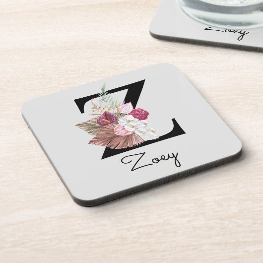 Monogrammed Initiaal Z Pink Boho Floral Bier Onderzetter (Linkerzijde)