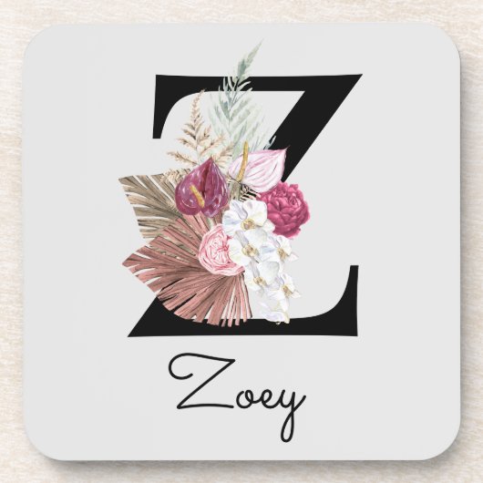 Monogrammed Initiaal Z Pink Boho Floral Bier Onderzetter (Voorkant)