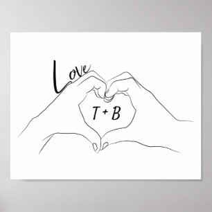 Monogrammed Initialen Love Heart Line Art Tekening Poster