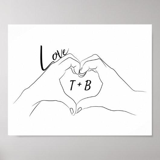 Monogrammed Initialen Love Heart Line Art Tekening Poster (Voorkant)