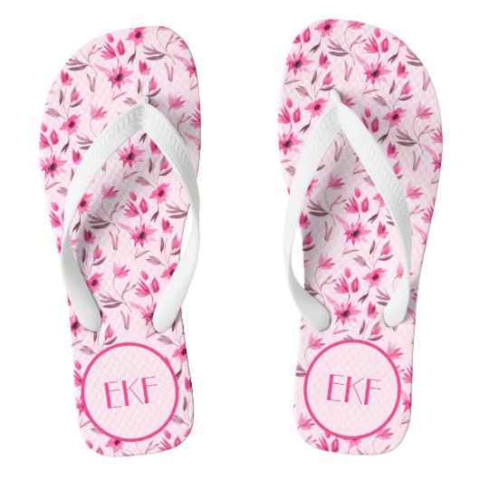 Monogrammed Initialen Pink Floral Women's Teenslippers (Voetbed)