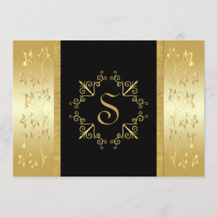 Monogrammed Invitation Black and Gold Floral Kaart