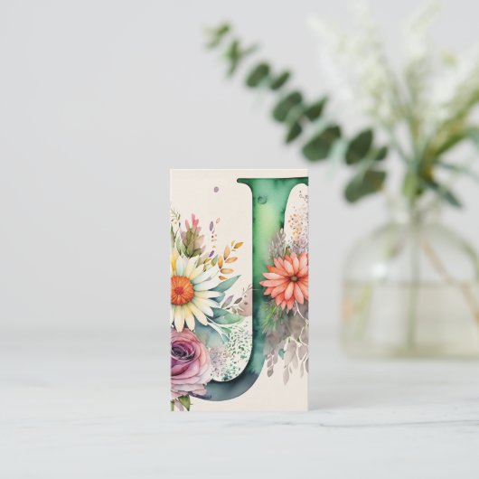 Monogrammed J Daisy Floral Waterverf QR Code Logo Visitekaartje (Staand voorkant)