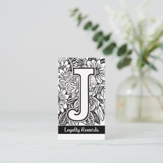 Monogrammed J Floral Zwart en Wit Bedrijf Logo Visitekaartje (Staand voorkant)