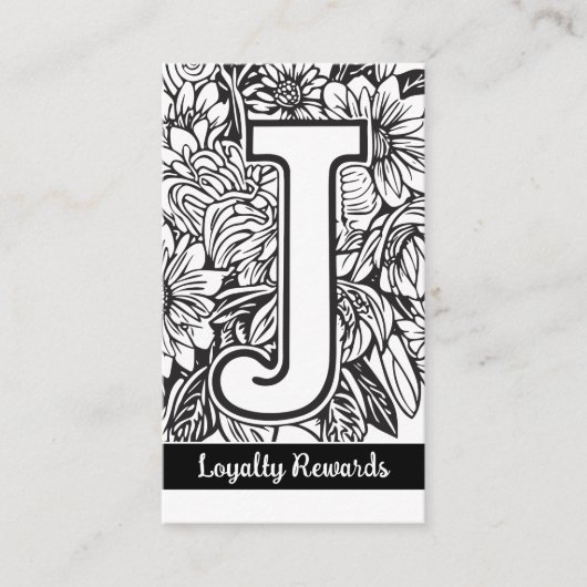 Monogrammed J Floral Zwart en Wit Bedrijf Logo Visitekaartje (Voorkant)