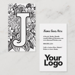 Monogrammed J Floral Zwart en Wit Bedrijf Logo Visitekaartje