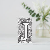 Monogrammed J Zwart en Wit Bloemen QR Code Logo Visitekaartje (Staand voorkant)