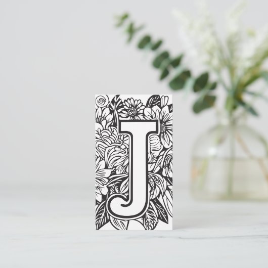 Monogrammed J Zwart en Wit Bloemen QR Code Logo Visitekaartje (Staand voorkant)