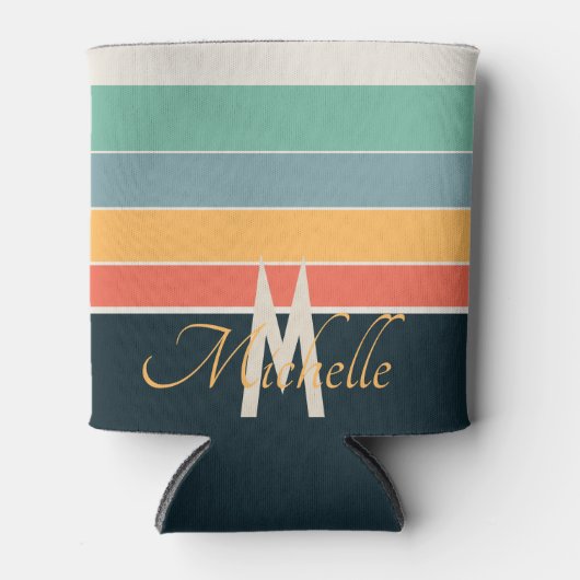 monogrammed jaren 70 retro Stripes Navy blauw en r Blikjeskoeler (Voorkant)