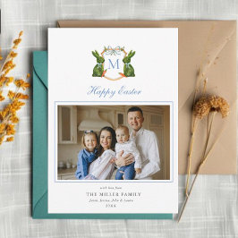 Monogrammed kam met Topiary Bunny Foto Pasen Feestdagenkaart