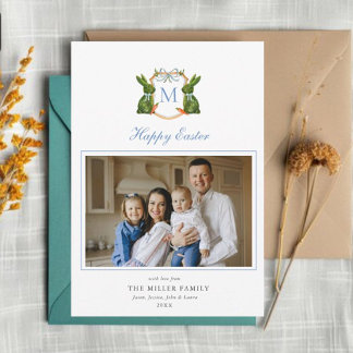 Monogrammed kam met Topiary Bunny Foto Pasen Feestdagenkaart