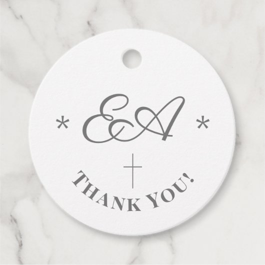 Monogrammed katholieke bruiloft bedankjes labels (Voorkant)