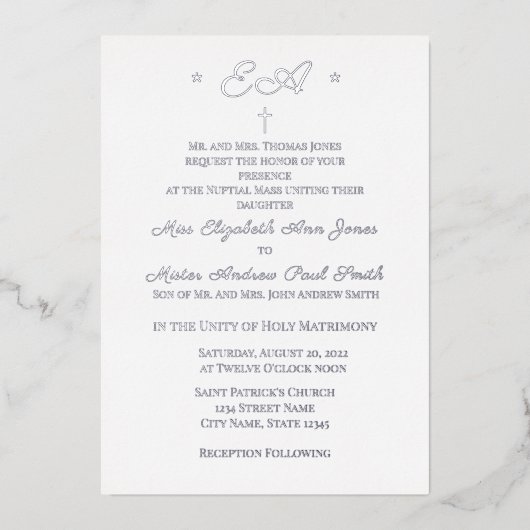 Monogrammed katholieke bruiloft folie uitnodiging (Voorkant)