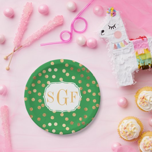 Monogrammed Kelly Green en Gold Glitter Stippen Papieren Bordje (Feest)