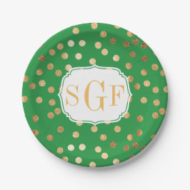 Monogrammed Kelly Green en Gold Glitter Stippen Papieren Bordje