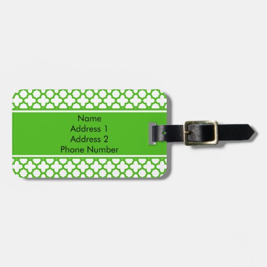 Monogrammed Kelly Green Quatrefoil Pattern Bagagelabel (Voorkant horizontaal)