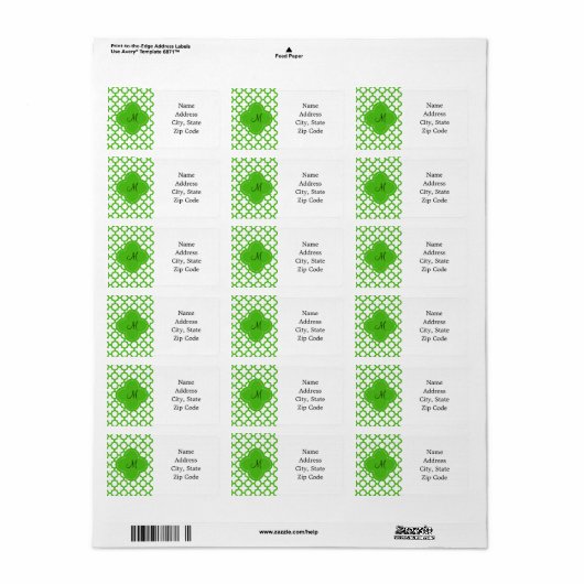 Monogrammed Kelly Green Quatrefoil Pattern Etiket (Full Sheet)