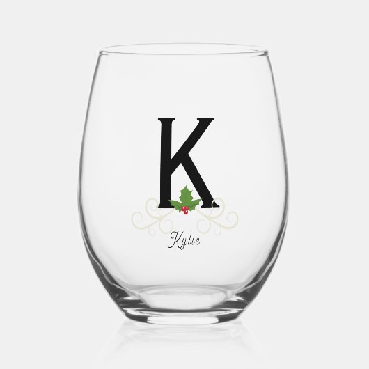 Monogrammed Kerstkerst Holly Wijnglas Zonder Voet (Voorkant)