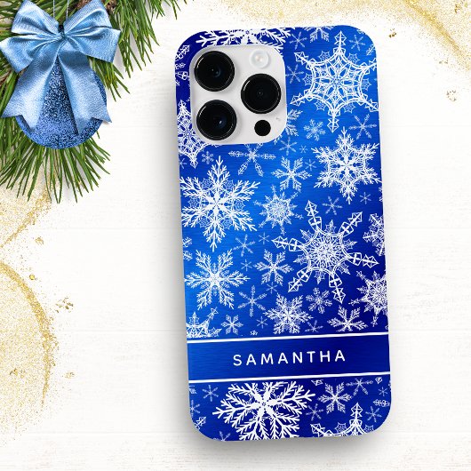 Monogrammed Kerstmis Blauw Wit Sneeuwvlokken Case-Mate iPhone Case
