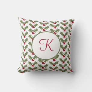 Monogrammed Kerstmis Holly Red Berry Green Leaves Kussen