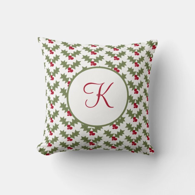 Monogrammed Kerstmis Holly Red Berry Green Leaves Kussen (Voorkant)