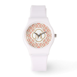 Monogrammed Koraal en Goud Quatrefoil Marokkaans Horloge