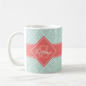 Monogrammed Koraal en Mint Diamond Pattern Koffiemok (Links)