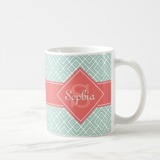 Monogrammed Koraal en Mint Diamond Pattern Koffiemok (Rechts)