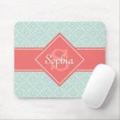 Monogrammed Koraal en Mint Diamond Pattern Muismat (Met muis)