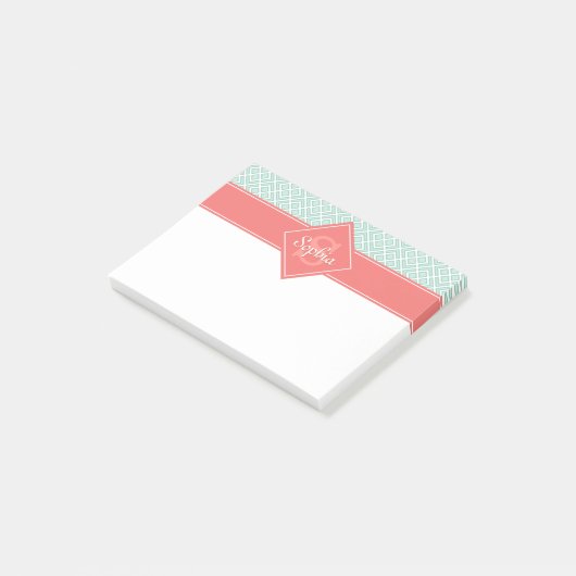 Monogrammed Koraal en Mint Diamond Pattern Post-it® Notes (Schuin)