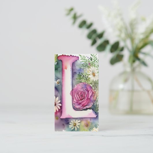 Monogrammed L Daisy Bloemen Waterverf QR Code Logo Visitekaartje (Staand voorkant)