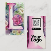 Monogrammed L Daisy Bloemen Waterverf QR Code Logo Visitekaartje (Voorkant / Achterkant)