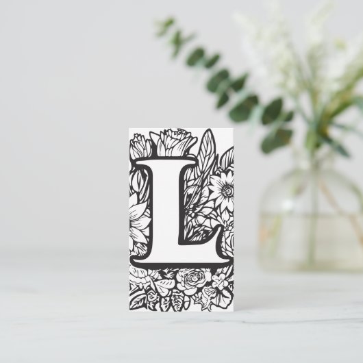 Monogrammed L Zwart en Wit Bloemen QR Code Logo Visitekaartje (Staand voorkant)