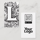 Monogrammed L Zwart en Wit Bloemen QR Code Logo Visitekaartje (Voorkant / Achterkant)