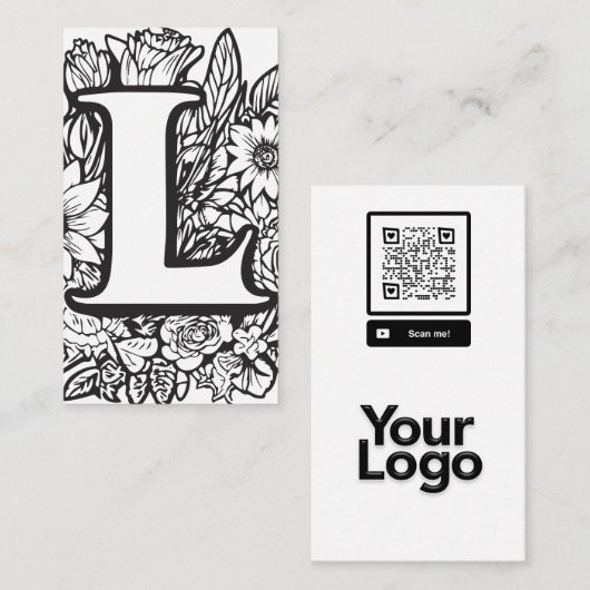 Monogrammed L Zwart en Wit Bloemen QR Code Logo Visitekaartje (Voorkant / Achterkant)