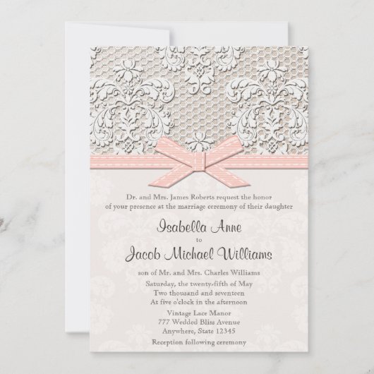 Monogrammed Lace Wedding Invitations Pink Kaart (Voorkant)