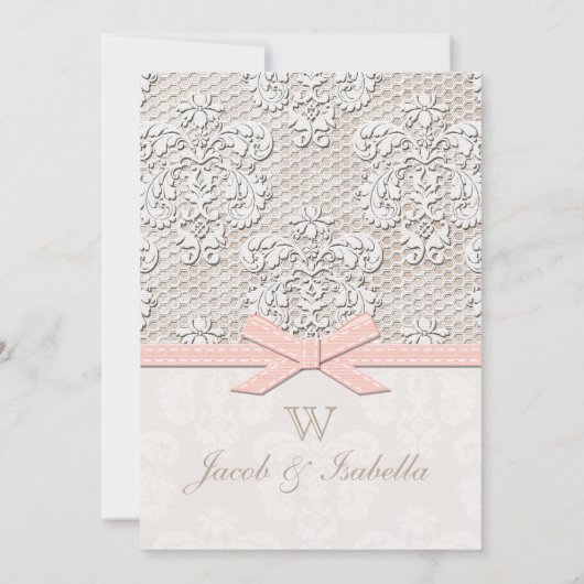 Monogrammed  Lace Wedding Invitations Pink Kaart (Achterkant)