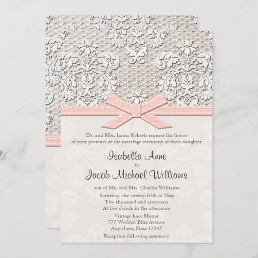 Monogrammed  Lace Wedding Invitations Pink Kaart (Voorkant / Achterkant)