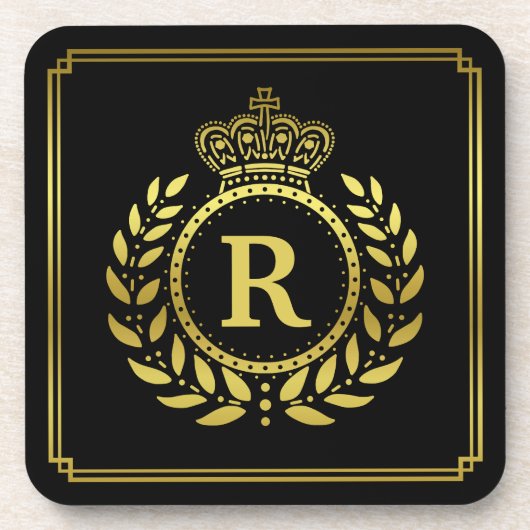 Monogrammed Laurel Wreath Crown Deco Black Gold Bier Onderzetter (Voorkant)