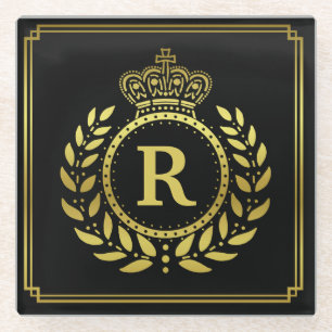 Monogrammed Laurel Wreath Crown Deco Black Gold Glazen Onderzetter